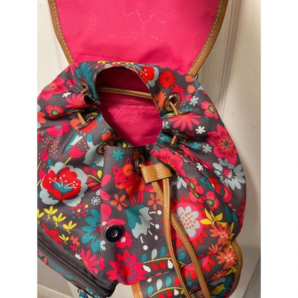 Lily Bloom Floral Cat Print Backpack Multi Color Recycled Fabric Drawstring Bag